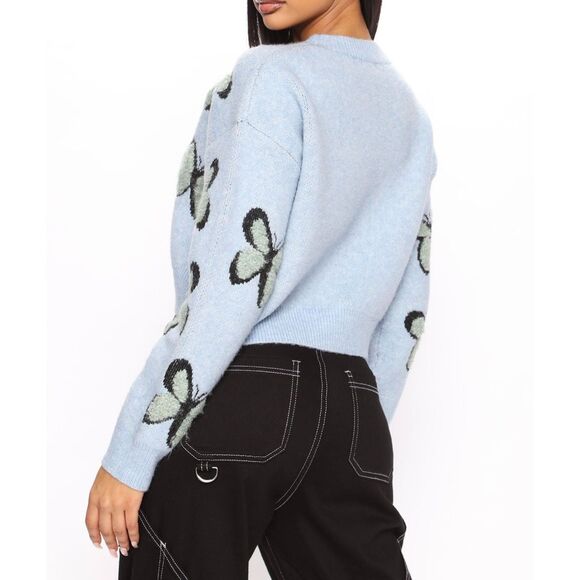 Debut - Blue Jacquard Butterfly Crew Neck Cropped Sweater - Medium - Picture 2 of 9